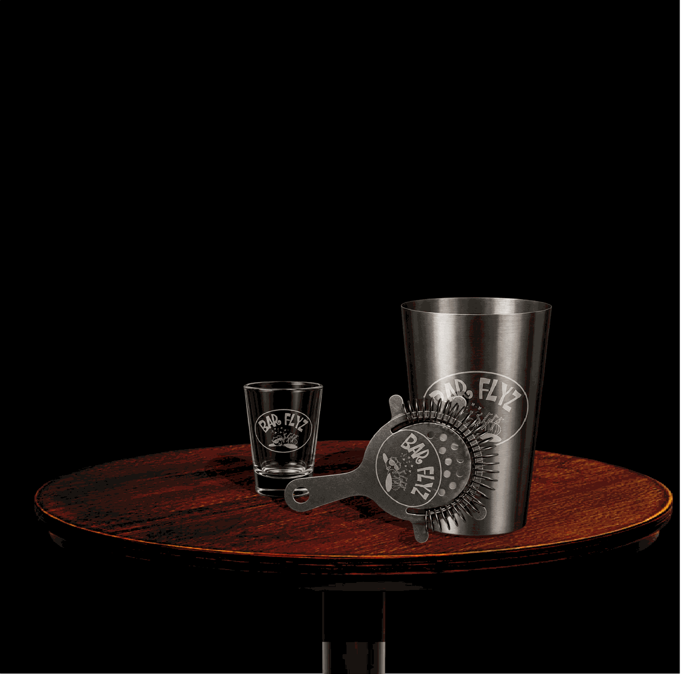 BarFlyz cocktail tins, strainer and shot glass