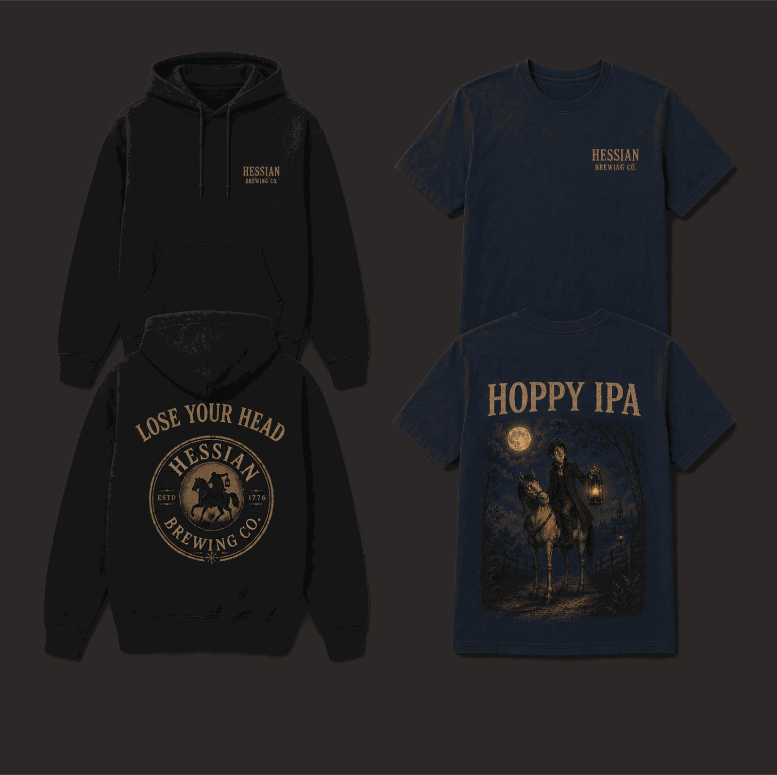 Hessian Brewing Co. apparel — tees and hoodies
