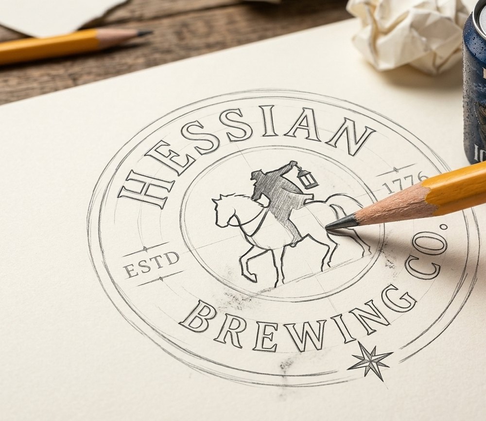 Hand-drawn pencil sketch of the Hessian Brewing Co. logo &mdash; the headless horseman roundel being drawn on paper beside the finished Ichabod beer can, by Acquired Taste Studios, Charlotte NC