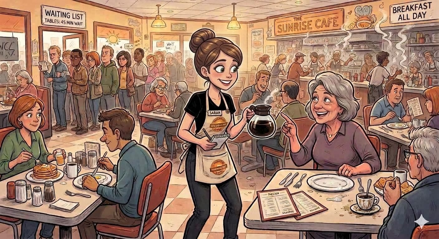 The same caf&eacute; done right &mdash; a composed Sarah and a smiling, happy guest