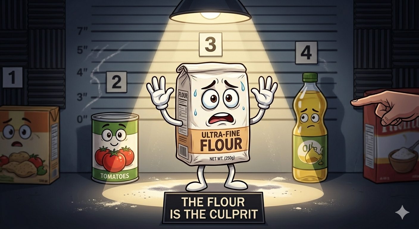 Cartoon flour bag standing in a police lineup under a spotlight with its hands up, beside a tomato can and an oil bottle, sign reading The Flour Is The Culprit